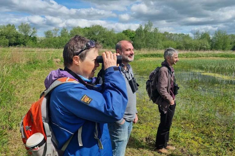 three men with binoculars standing at the edge of open wetland