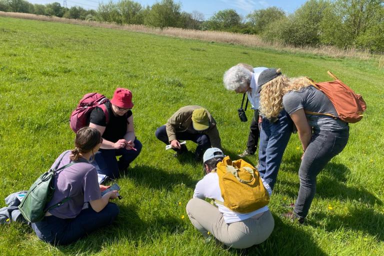 A group of people standing together observing some plants