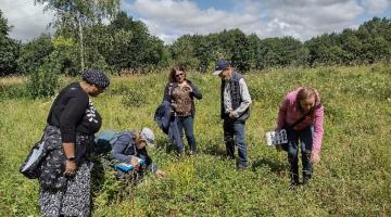  Five adults are standing and crouching in a grassy, wildflower-filled meadow under a partly cloudy sky. Some are closely examining plants, one is holding a field guide or notebook, and another has a bag slung over the shoulder. The group is engaged in an outdoor educational activity. In the background, there are trees bordering the open field.