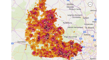 A map of Berkshire and Oxfordshire region is overlaid with numerous colored dots representing the location and number of data searches. 